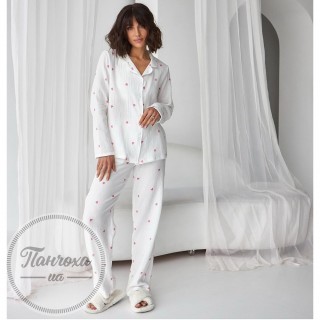Домашній костюм SINEL (муслін) (сорочка+штани) р.L Білий/рожеві серця